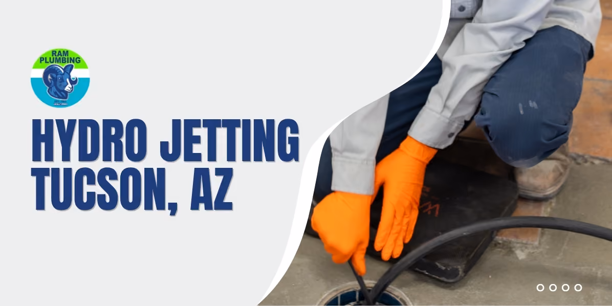 Hydro jetting Tucson AZ - RAM Plumbing technician operating hydro jetting hose for drain line cleaning