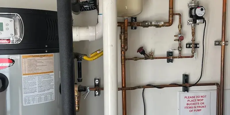 Water heater and copper pipes with a sign warning not to place mop buckets or items in front of pump.