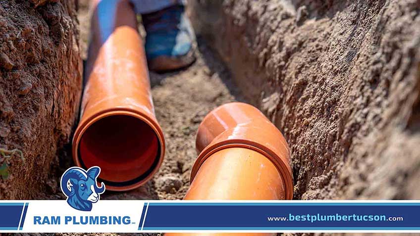 Plumber Laying Drainage Pipes into the Ground