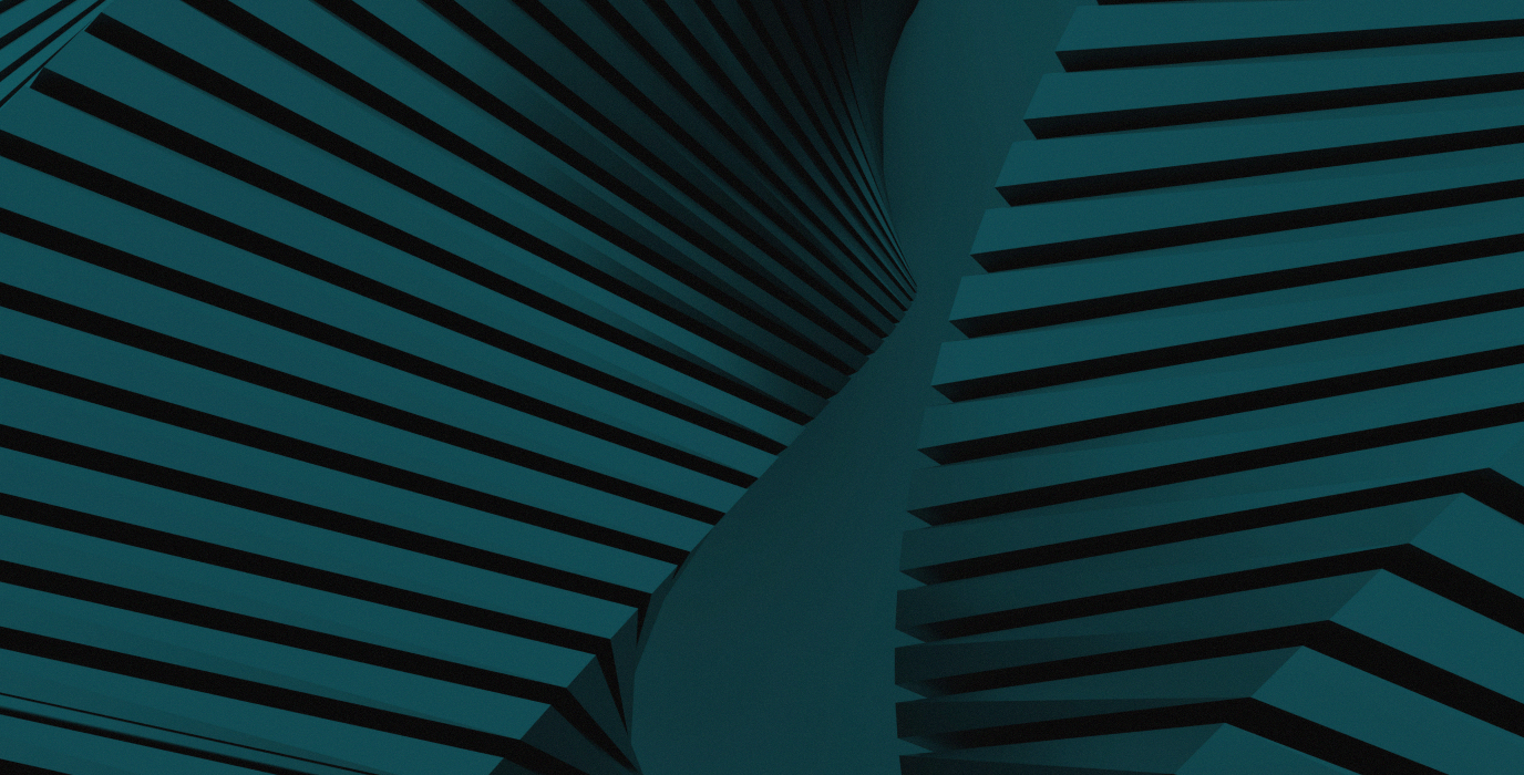 Dark teal abstract geometric design with layered, parallel, angular shapes creating depth.