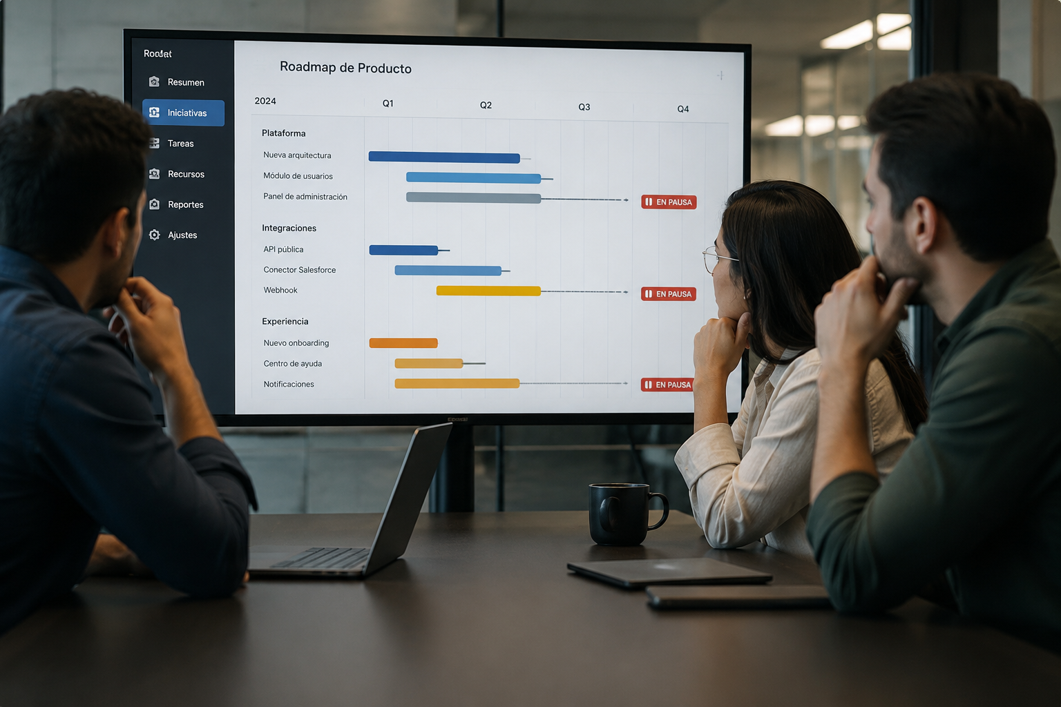 Equipo de tecnología revisando un roadmap de proyecto detenido por falta de capacidad operativa.