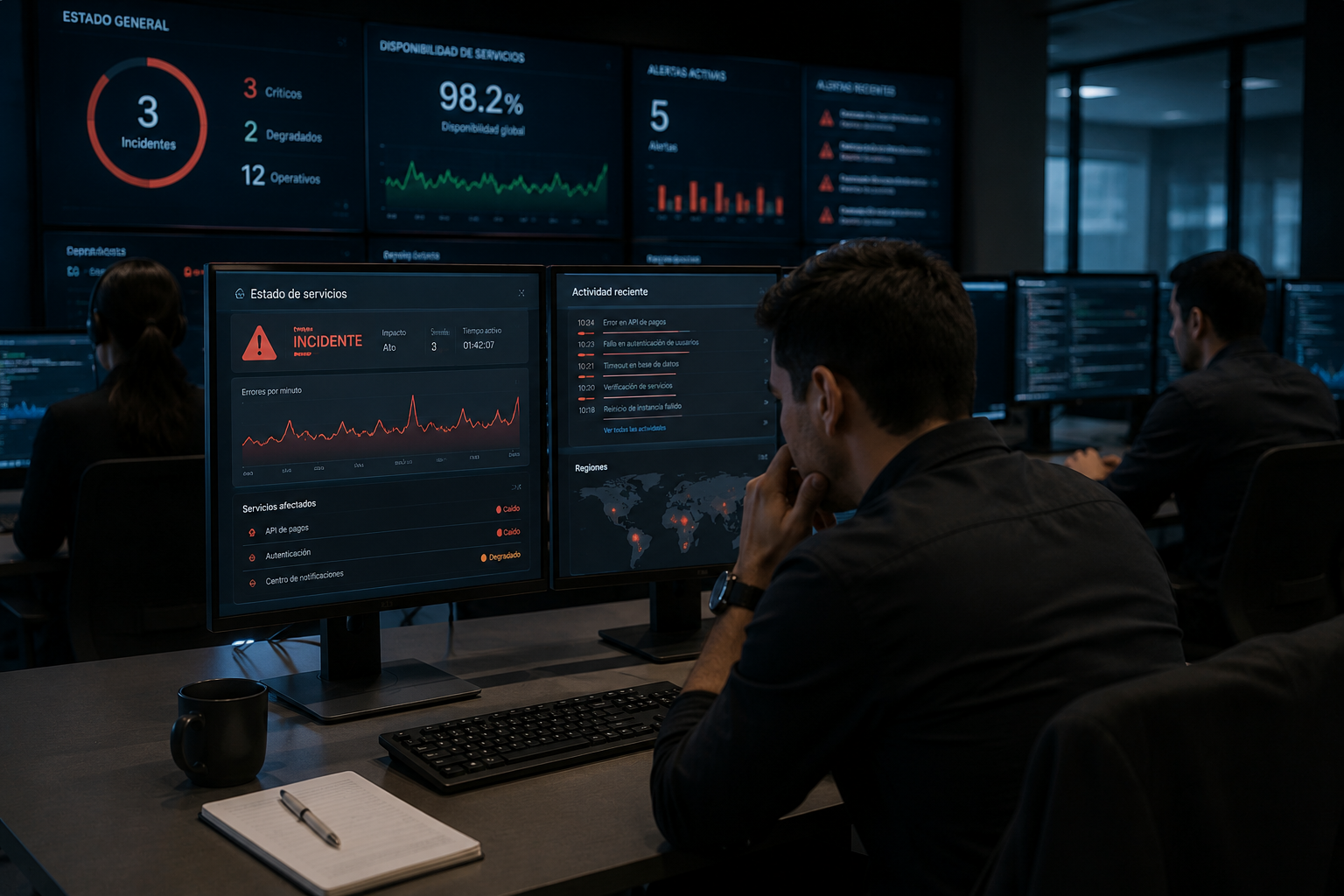 Equipo monitoreando operaciones tecnológicas críticas para garantizar la continuidad del negocio.