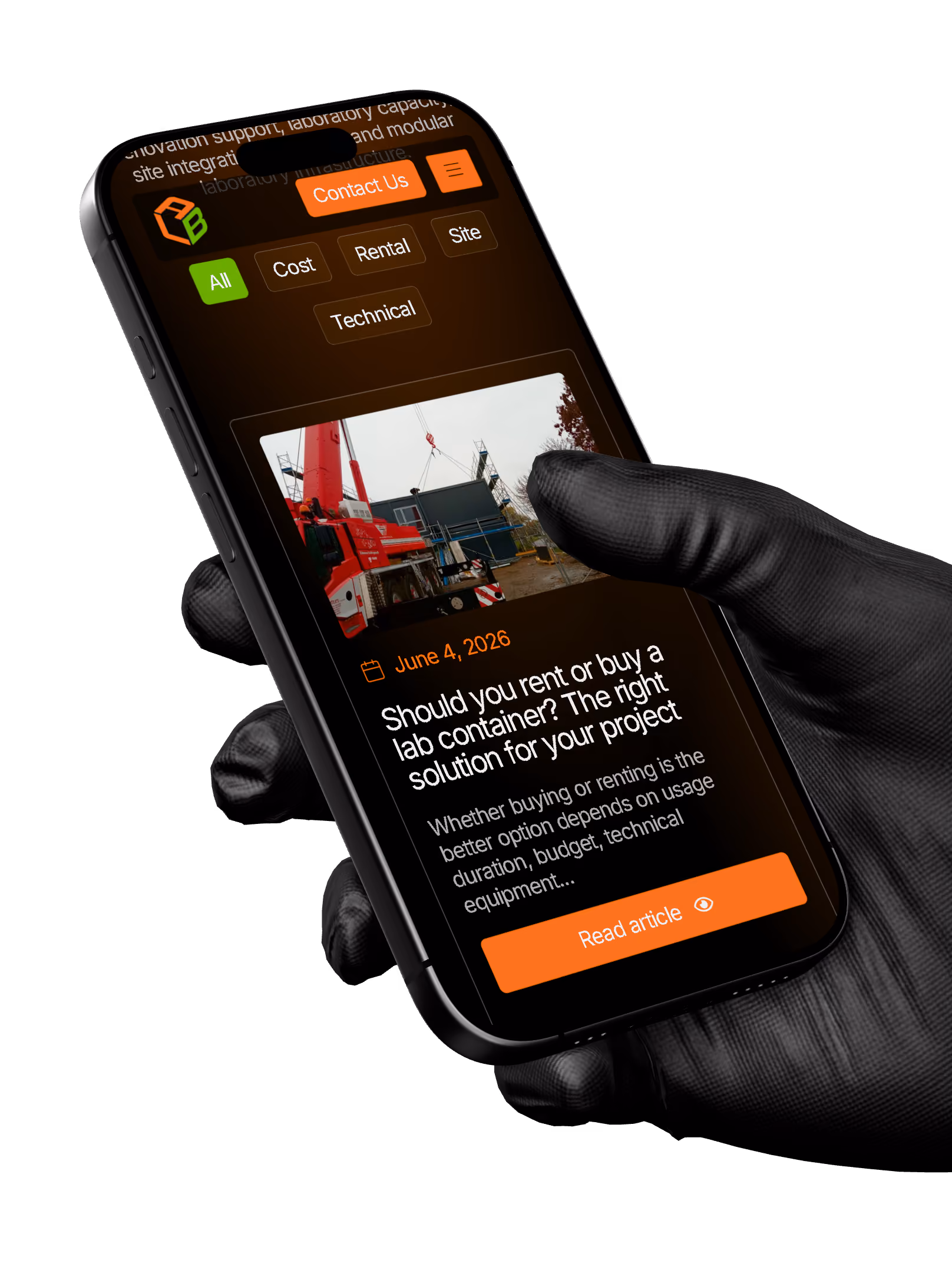 Responsive LAB Modulbau website displayed on an iPhone mockup