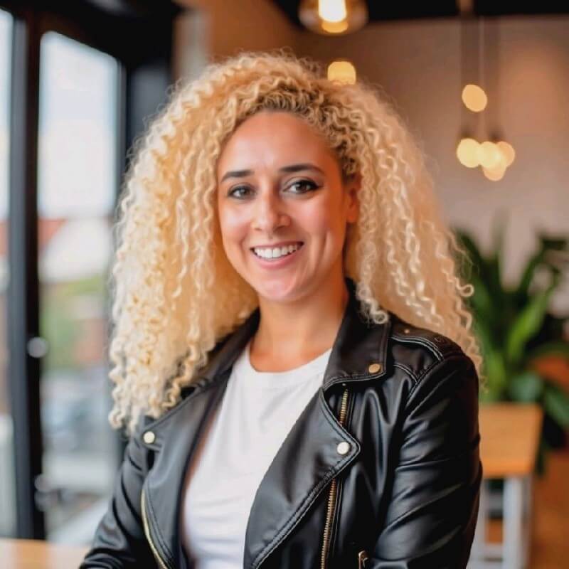 Woman with curly blonde hair smiling in black leather jacket indoors
