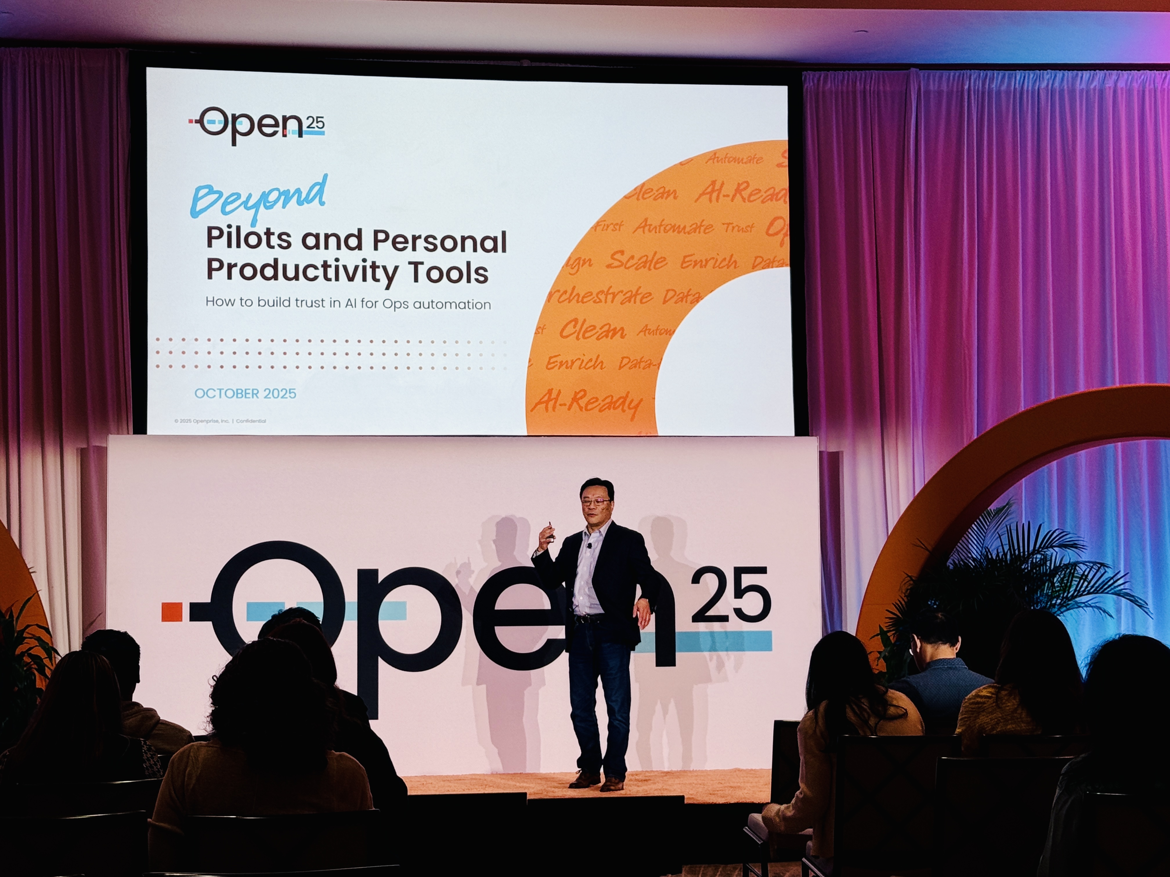 Speaker presents Open25 conference on AI automation and productivity tools on stage