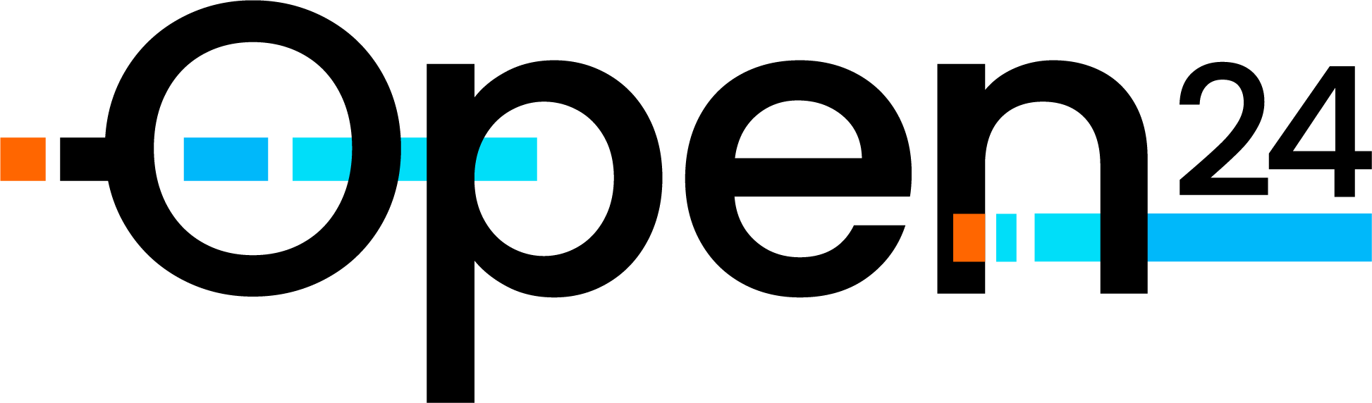 Open 24 logo with black text, orange and cyan blue accent elements