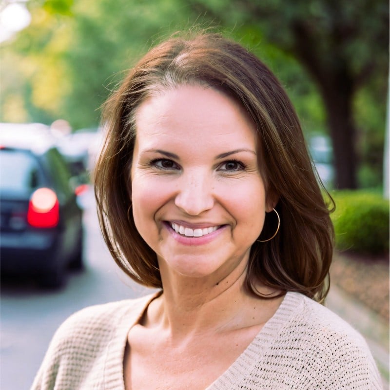 Woman with brown hair smiling outdoors in residential neighborhood setting