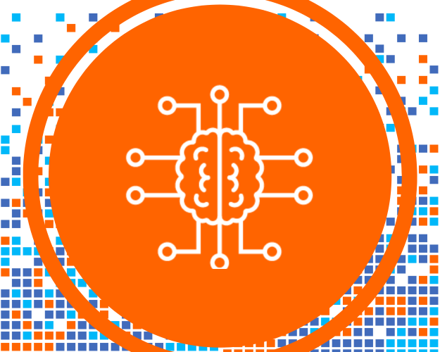 Brain circuit icon with digital blue and orange pixel background