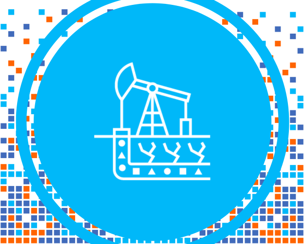 Oil pump and industrial facility icon on blue circle background with colorful pixels
