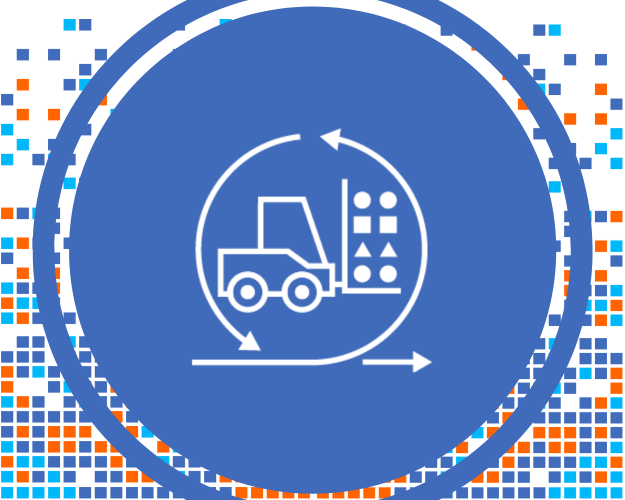 Forklift moving boxes with circular arrows showing logistics process flow.