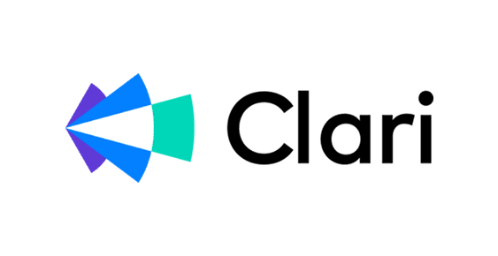 Clari logo with blue and teal geometric shapes radiating from center