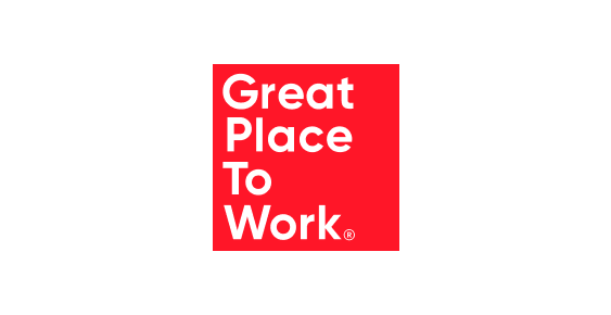 Great Place To Work logo in red square with white text and registered trademark symbol