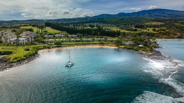 Aerial of a sheltered bay with catamaran anchored, resorts and Cook pines above, mountains behind