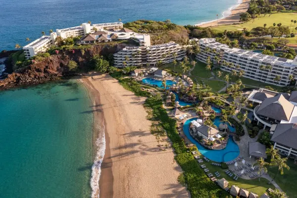 Aerial of Sheraton Maui and Black Rock (Puʻu Kekaʻa) on Kāʻanapali Beach