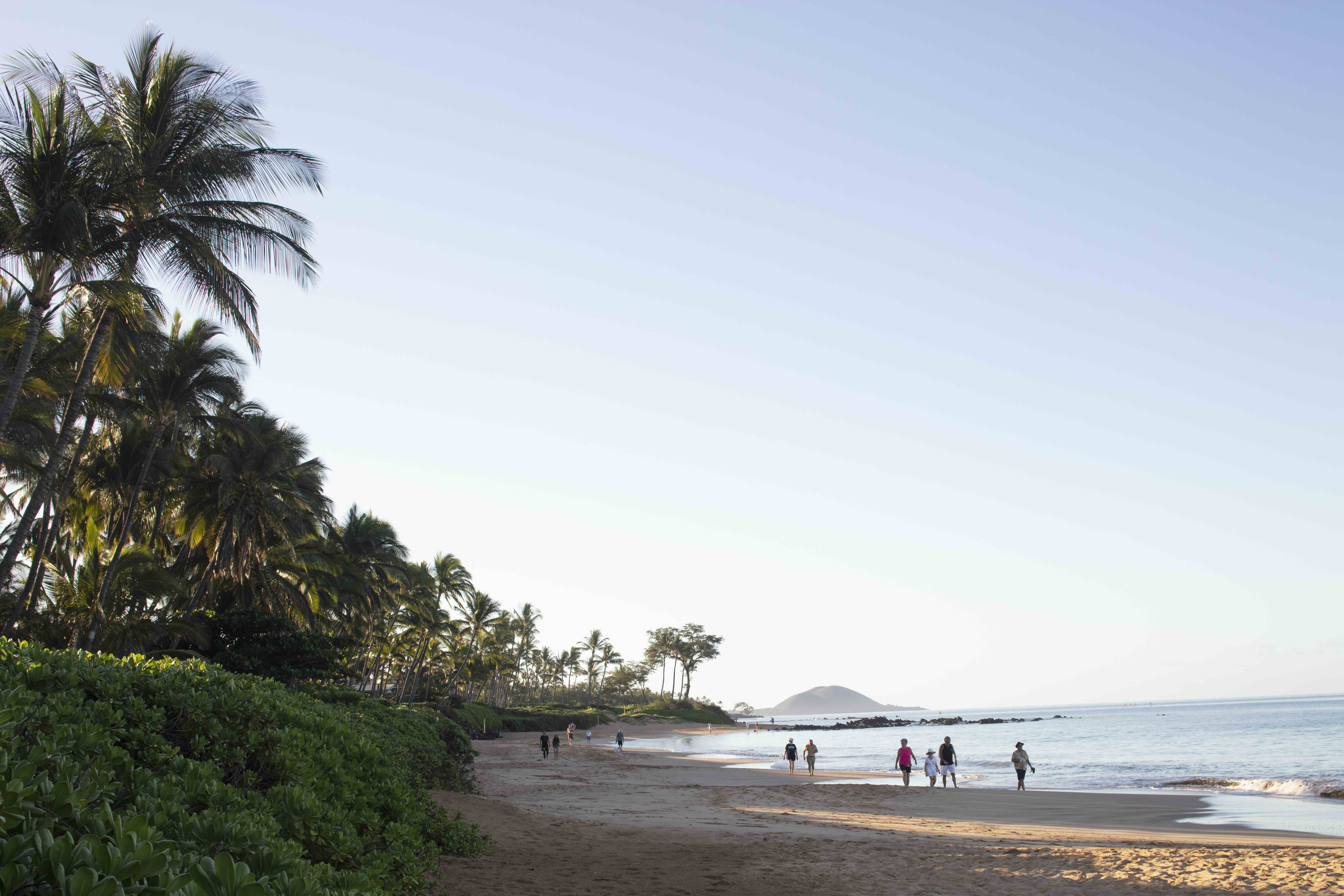 Families walking Keawakapu Beach past palm trees in soft evening light