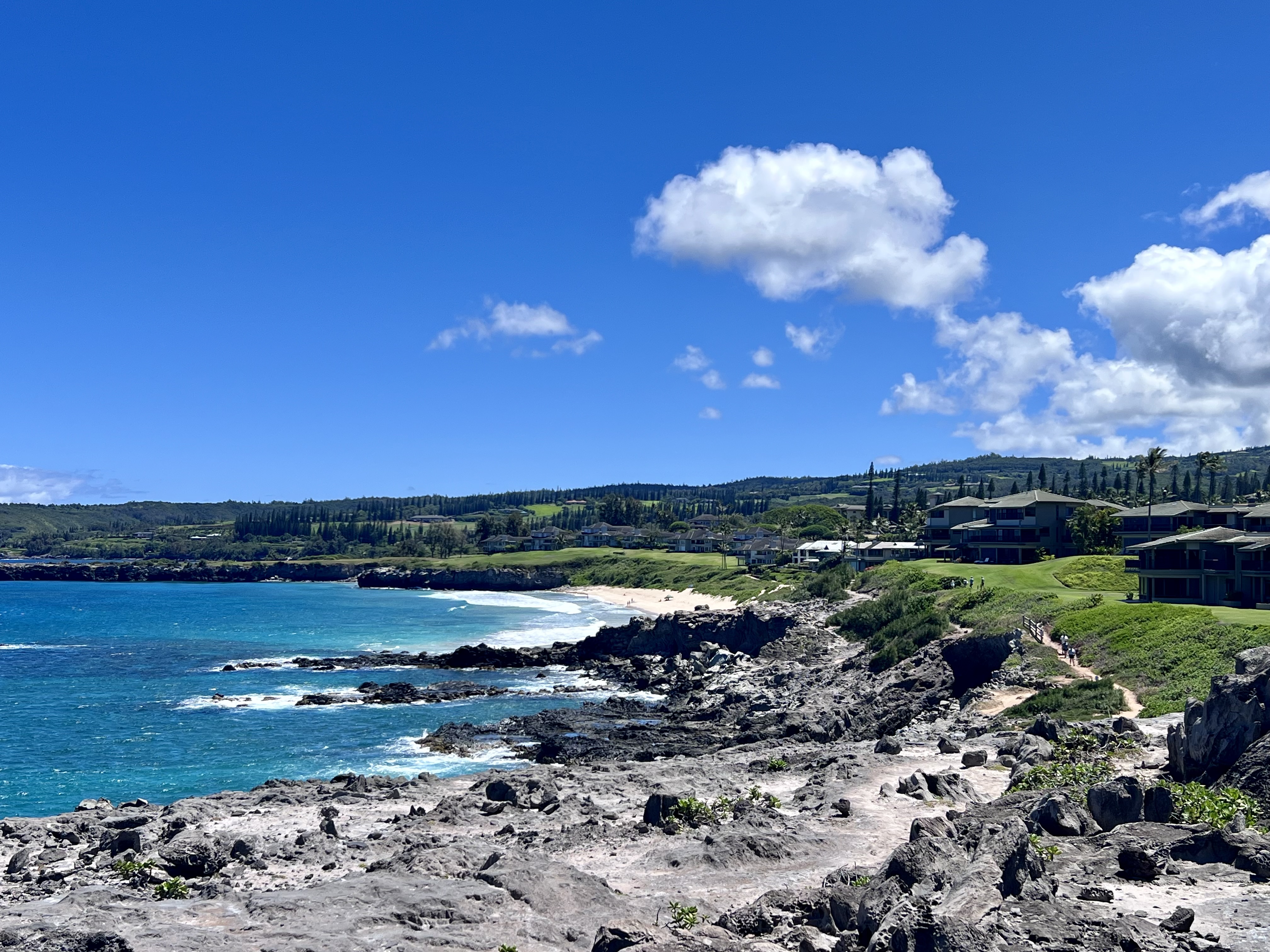 A dirt stretch of the Kapalua Coastal Trail crossing lava rock above a small sandy cove, with resort buildings along the green headland