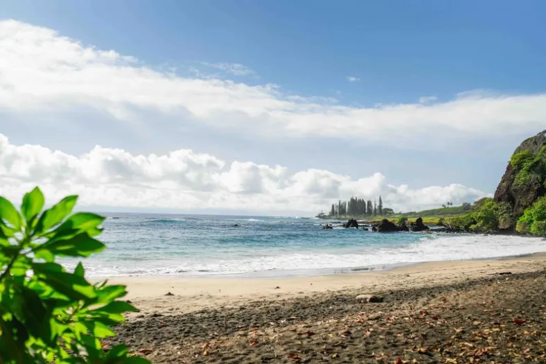 Hamoa Beach from the sand near Hāna, with surf rolling in below the green headland