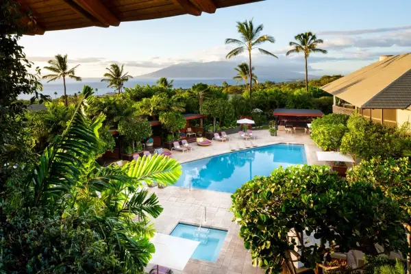 Hotel Wailea pool and gardens looking out to the ocean and West Maui mountains