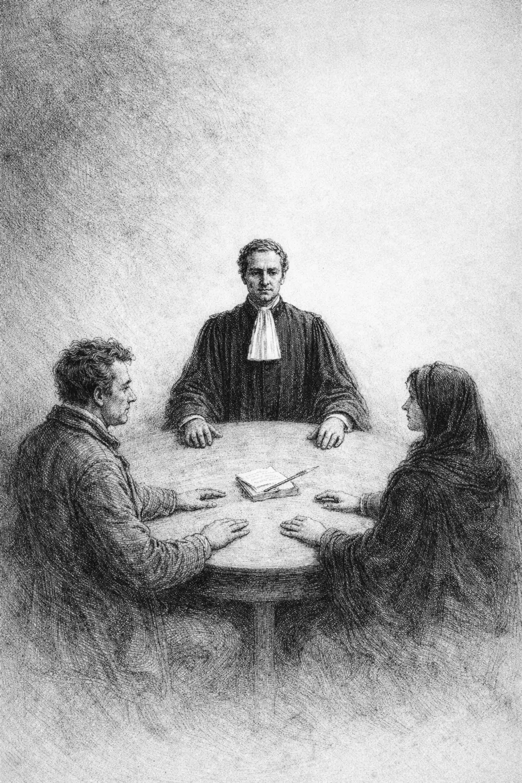 Illustration gravure XIXe. Médiateur réunissant les parties autour d'une table ronde