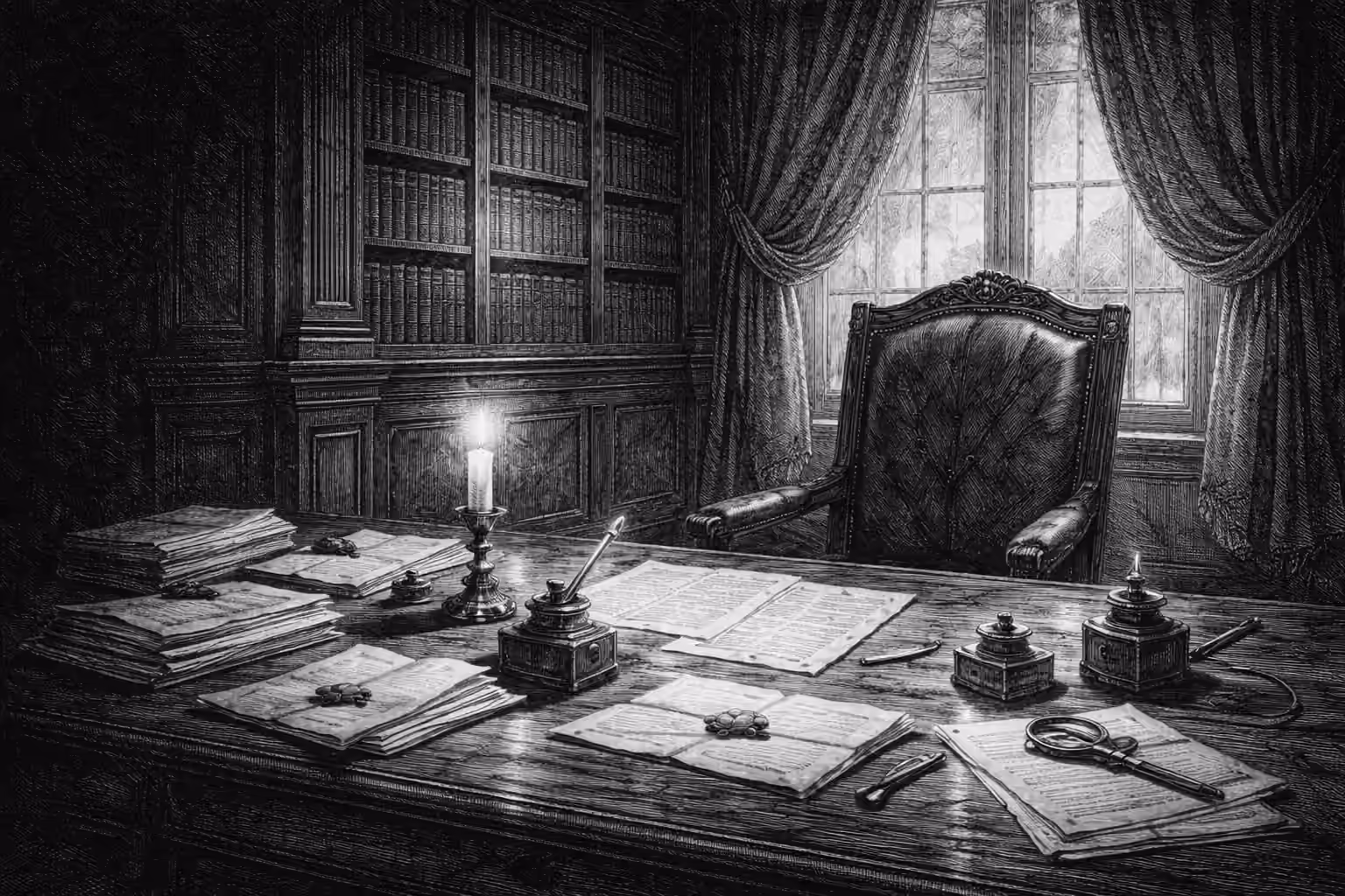 Bureau d'avocat avec fauteuil en cuir, prêt pour un rendez-vous