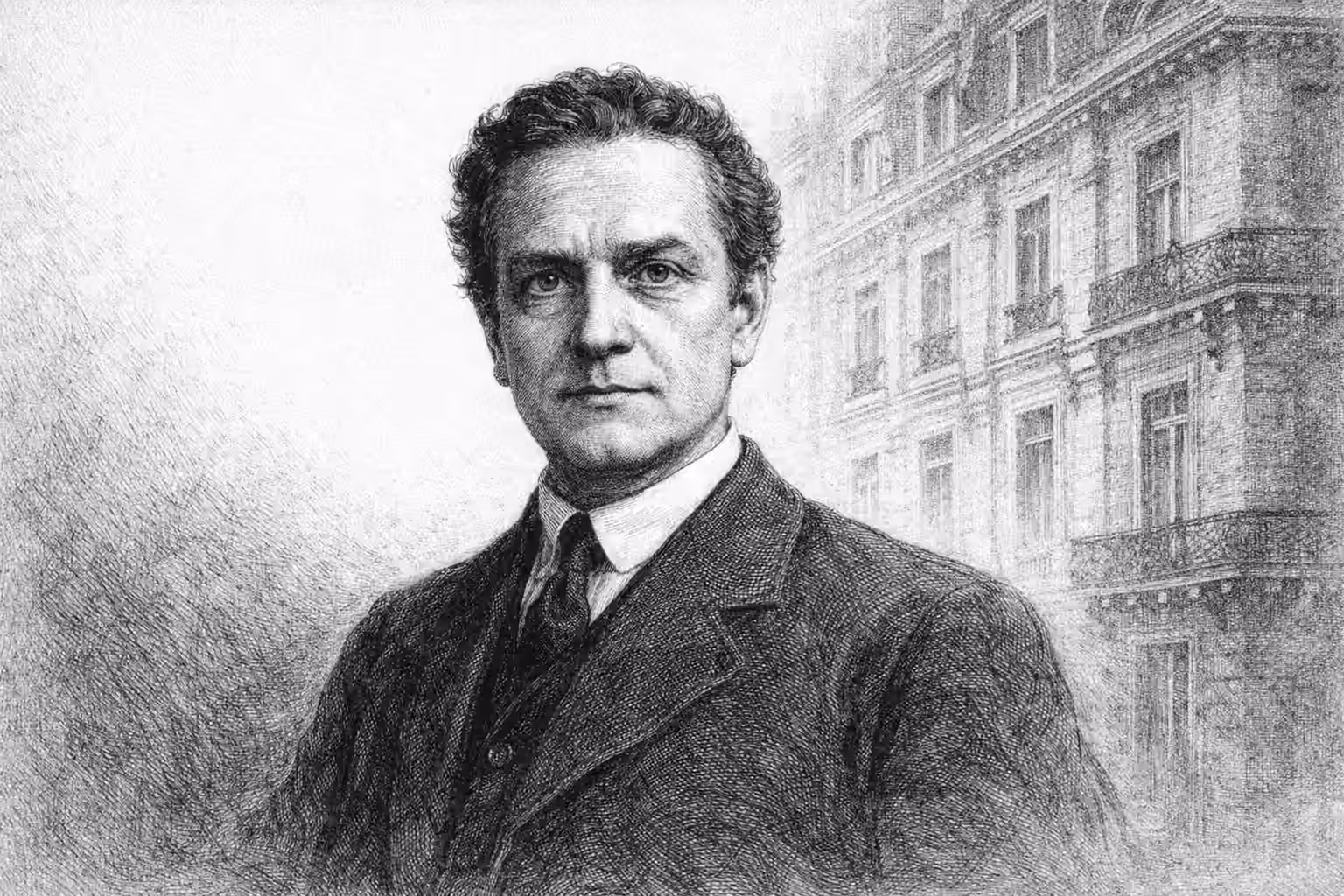 Portrait gravé d'un avocat devant un immeuble haussmannien parisien