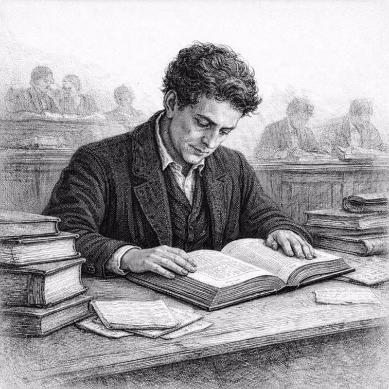 Illustration gravure XIXe. Étudiant en droit plongé dans la lecture d'un ouvrage juridique