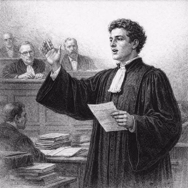 Illustration gravure XIXe. Jeune avocat plaidant pour la première fois devant les juges