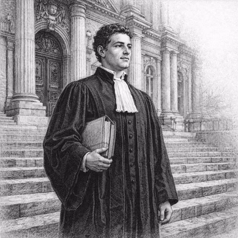 Illustration gravure XIXe. Jeune avocat en robe devant le palais de justice, au moment de la prestation de serment