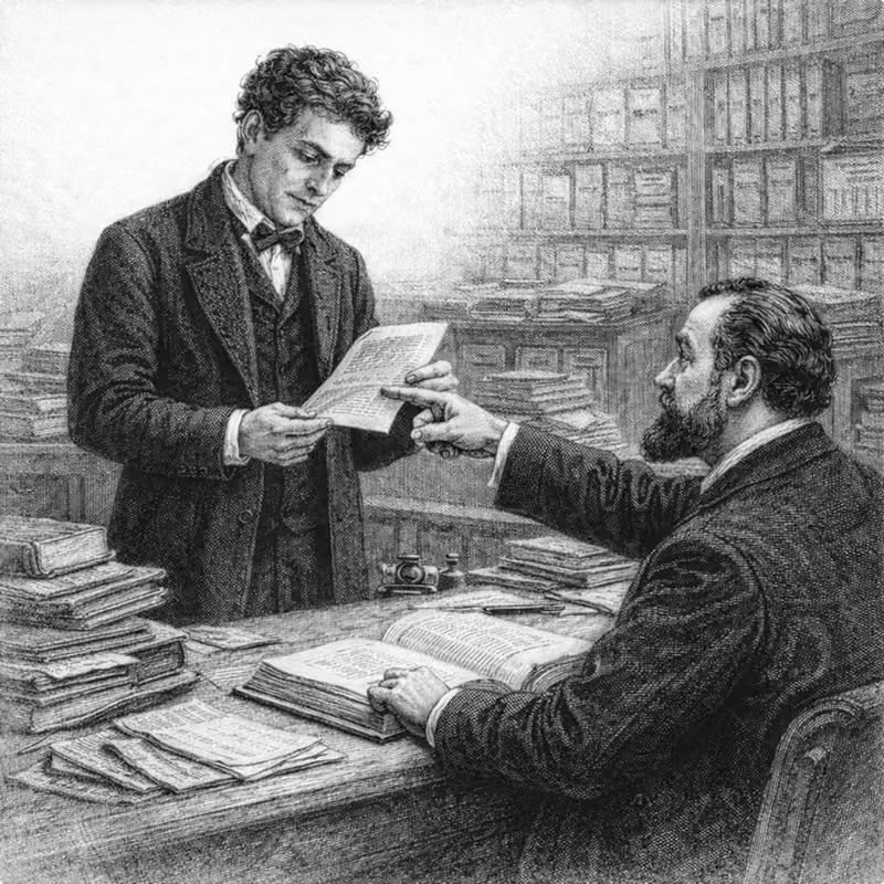 Illustration gravure XIXe. Stagiaire remettant un dossier à un avocat confirmé dans une salle d'archives