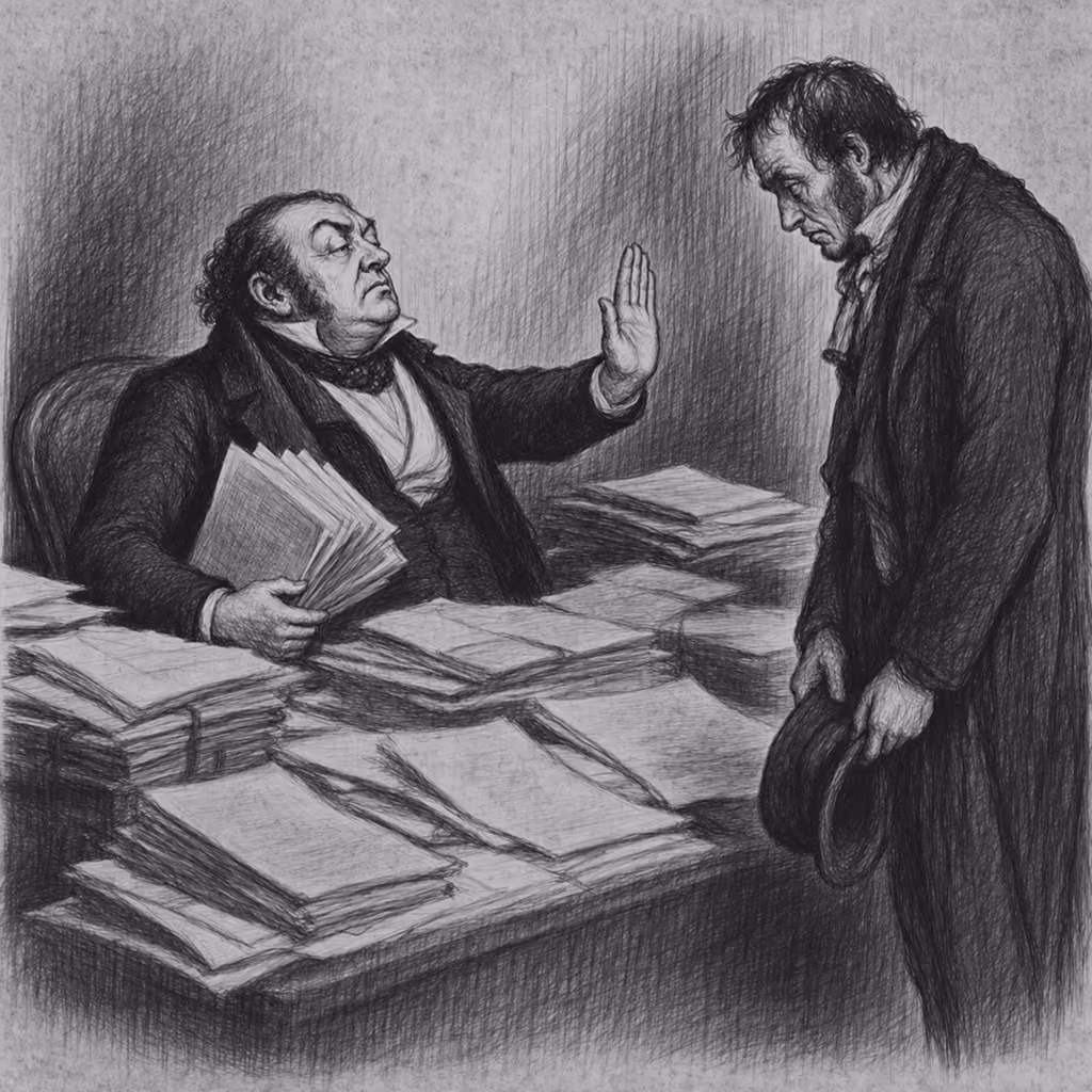 Illustration gravure XIXe. Un assureur oppose un refus de garantie à son assuré