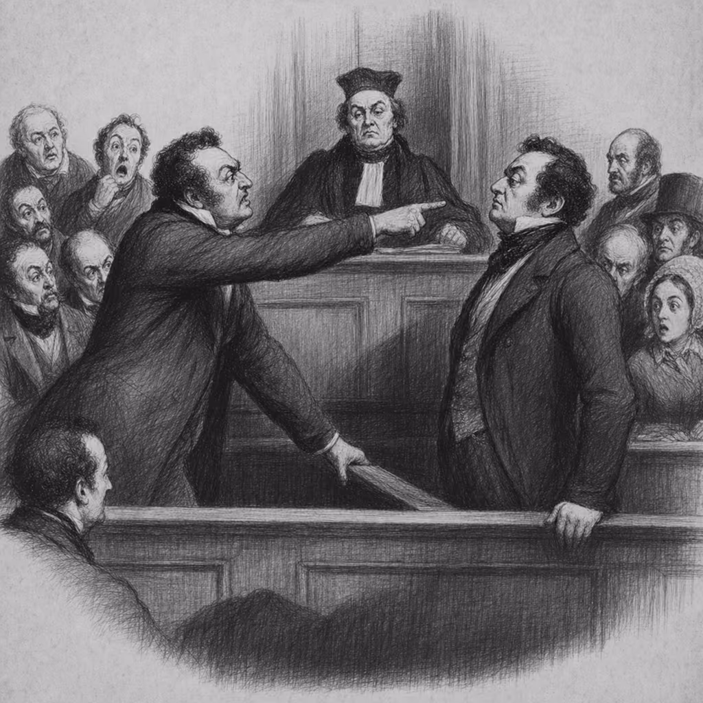Illustration gravure XIXe. Mise en cause de la responsabilité d'une personne devant le tribunal