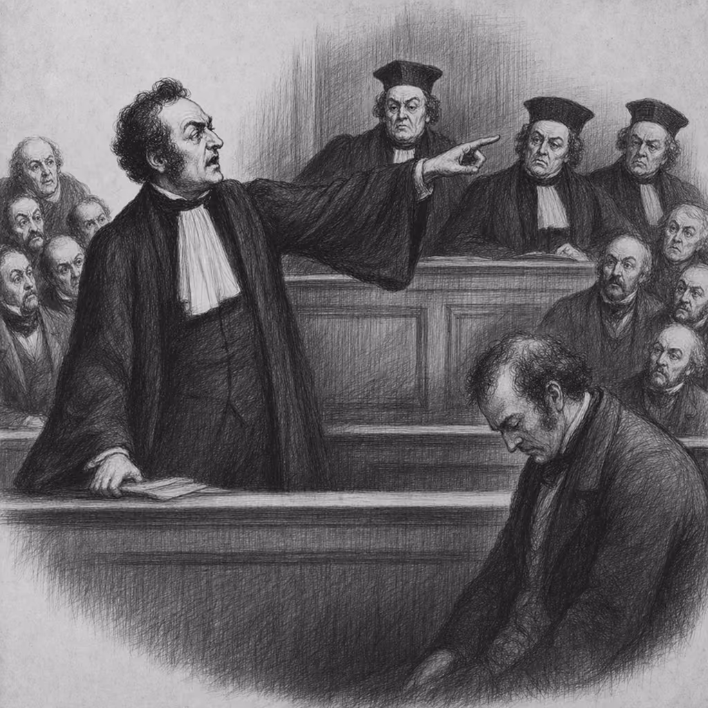 Illustration gravure XIXe. Avocat plaidant en robe devant un tribunal, dossier pénal