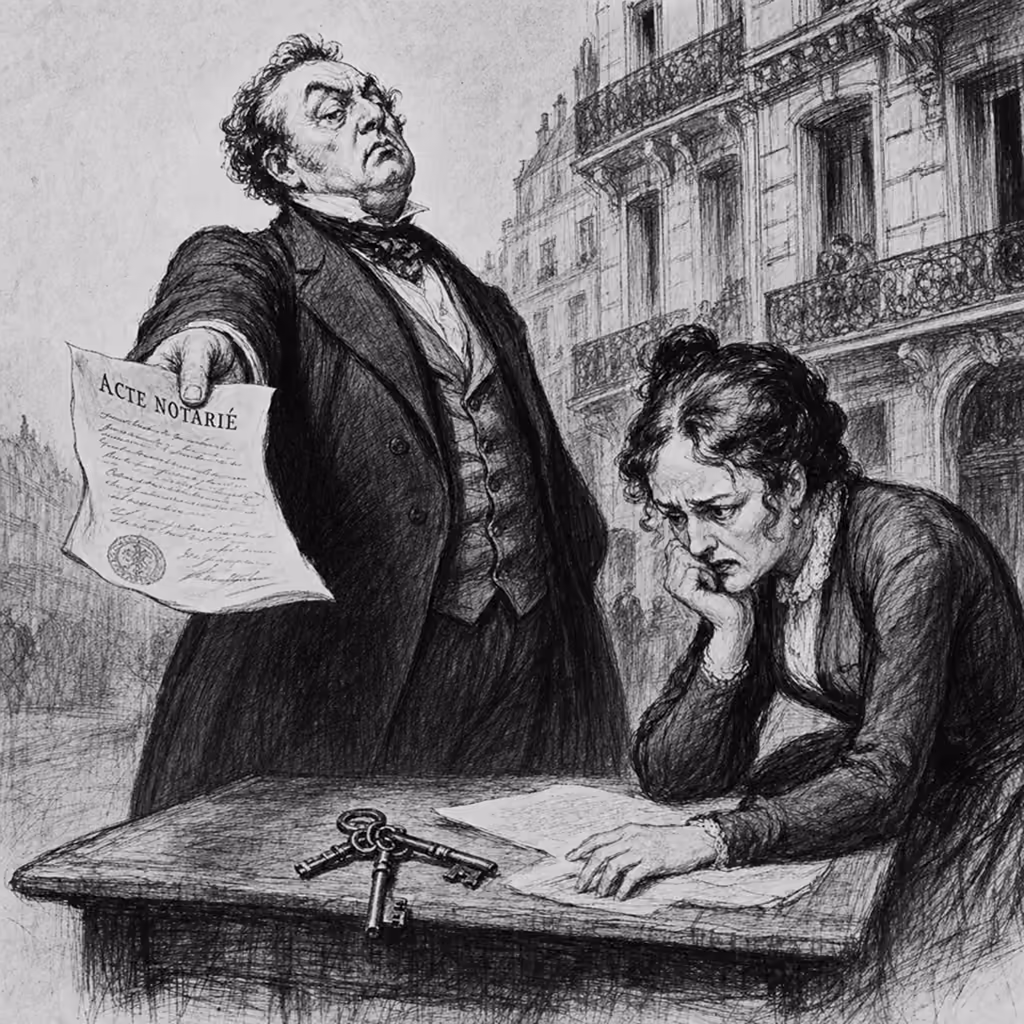 Illustration gravure XIXe. Signature d'un acte notarié pour une transaction immobilière