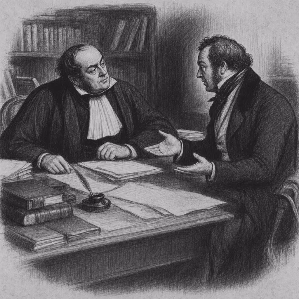 Illustration gravure XIXe. Consultation juridique entre un avocat et son client