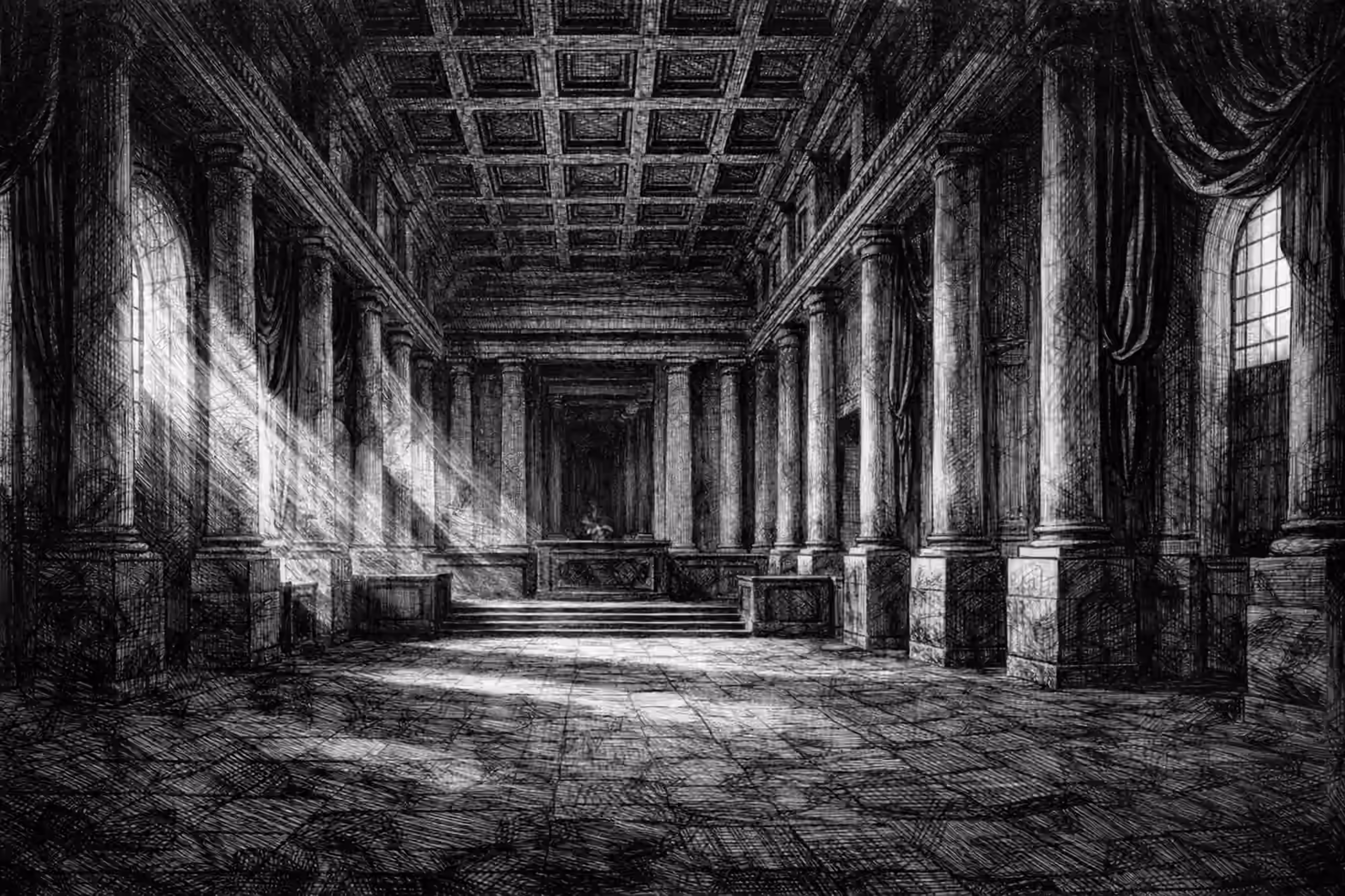 Colonnade et rayons de lumière dans une grande salle du palais de justice