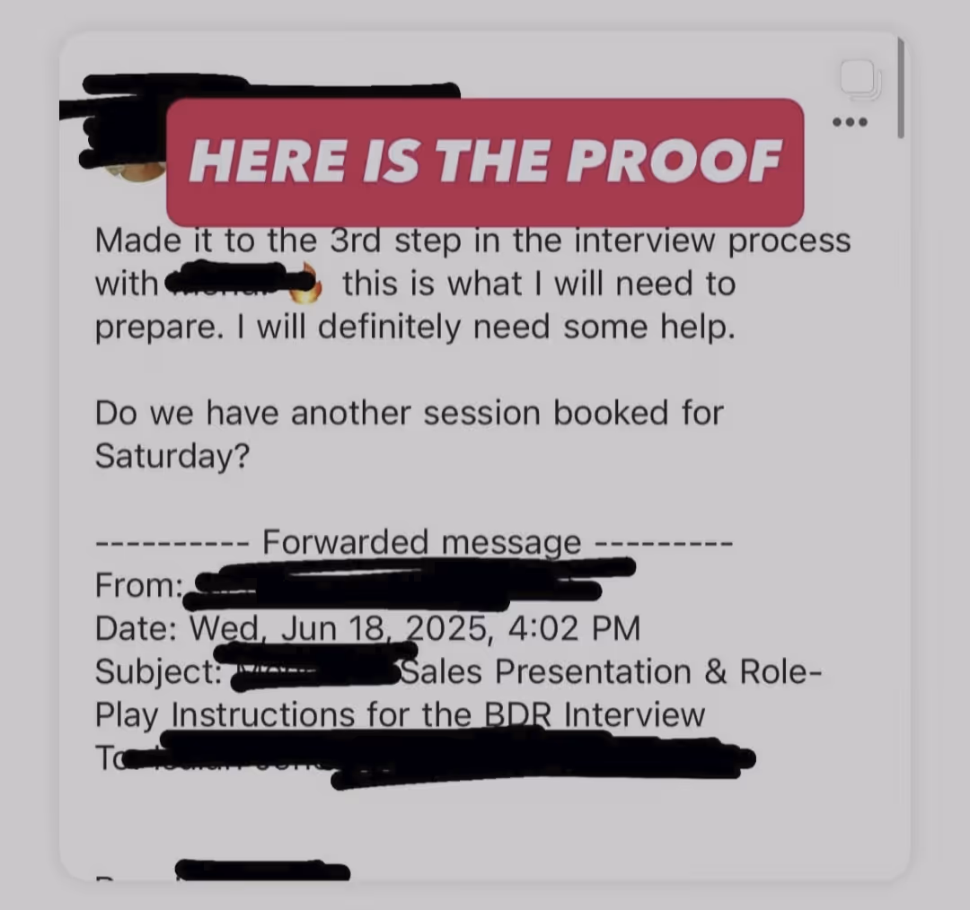 Screenshot of a message about reaching the 3rd interview step and asking about another session for Saturday.