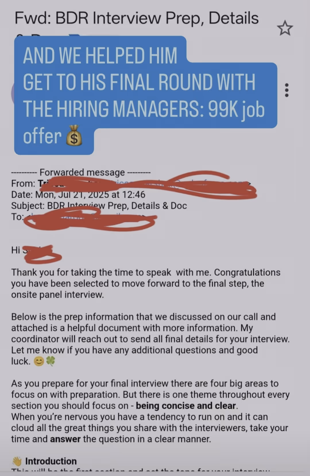 Email excerpt about BDR interview prep, congratulating candidate on final round with a 99k job offer.