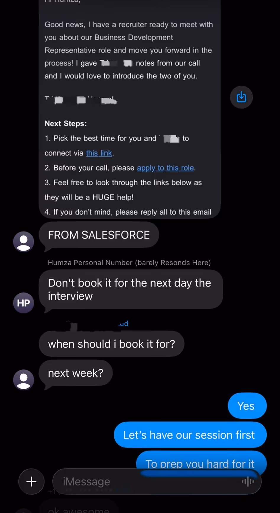 Screenshot of a text conversation about scheduling a Business Development Representative interview and prep session.