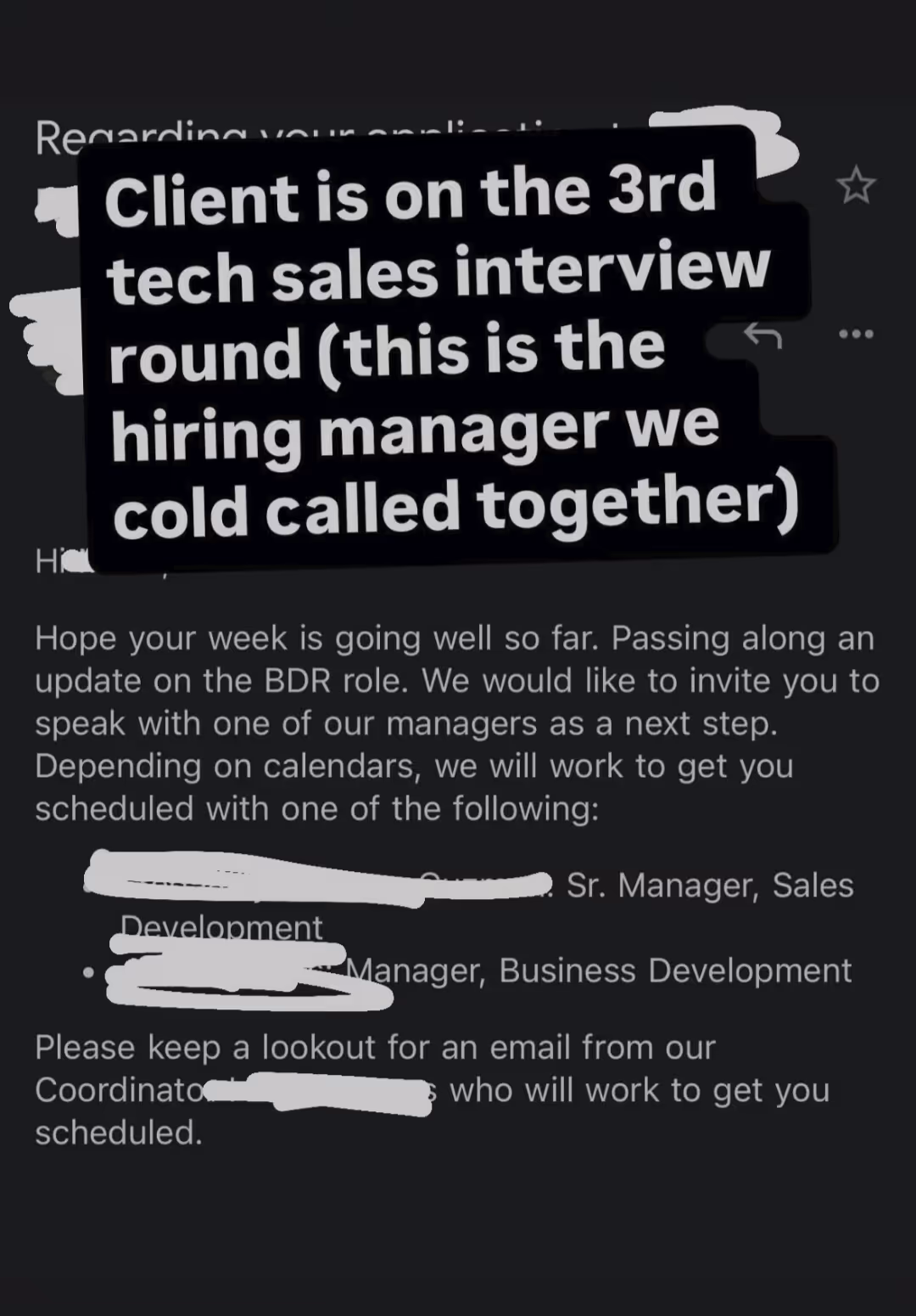 Email update about scheduling next interview step for BDR role with Sr. Manager and Business Development Manager.