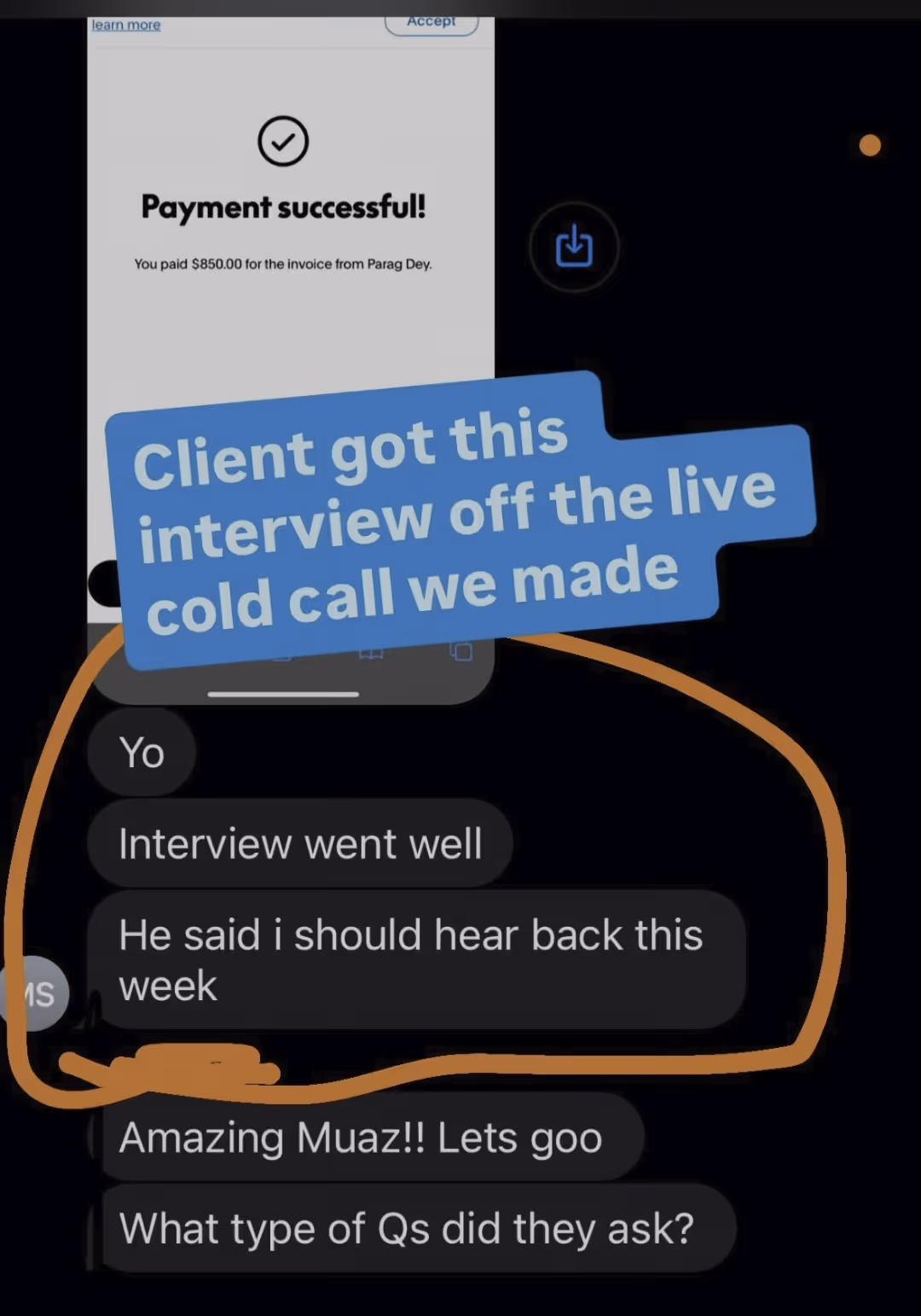 Screenshot of a chat confirming an interview went well and a payment successful message for $850 from Parag Dey.