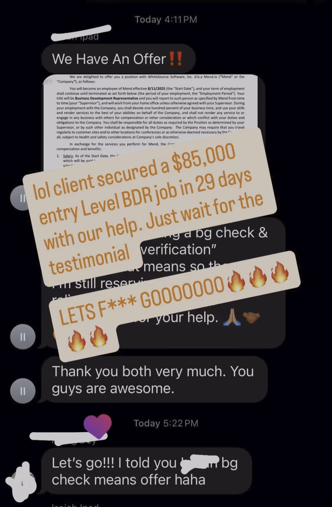 Screenshot of a text conversation celebrating a client securing an $85,000 entry-level BDR job in 29 days.