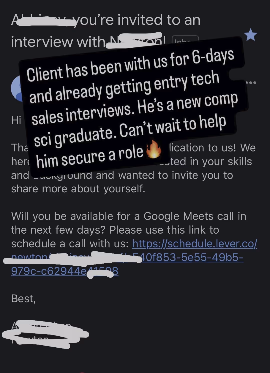 Email invitation for a Google Meets interview with a recruiter and a client success message overlay.