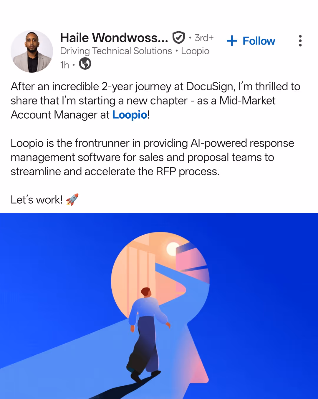 LinkedIn post announcing new Mid-Market Account Manager role at Loopio with keyhole path illustration.