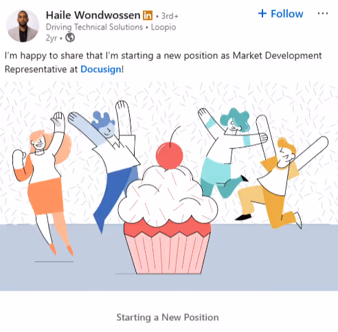 Four cartoon people joyfully jumping around a large cupcake with a cherry on top.