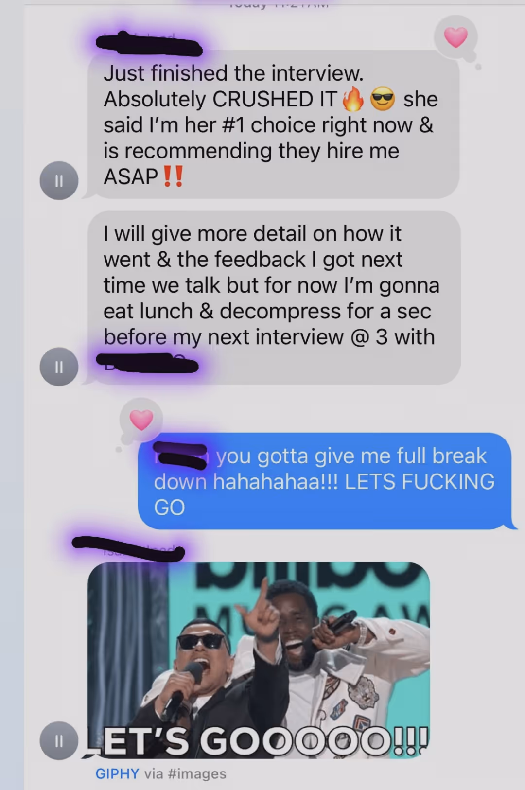Text message exchange about a successful interview with a GIF saying LET'S GOOOO!!!