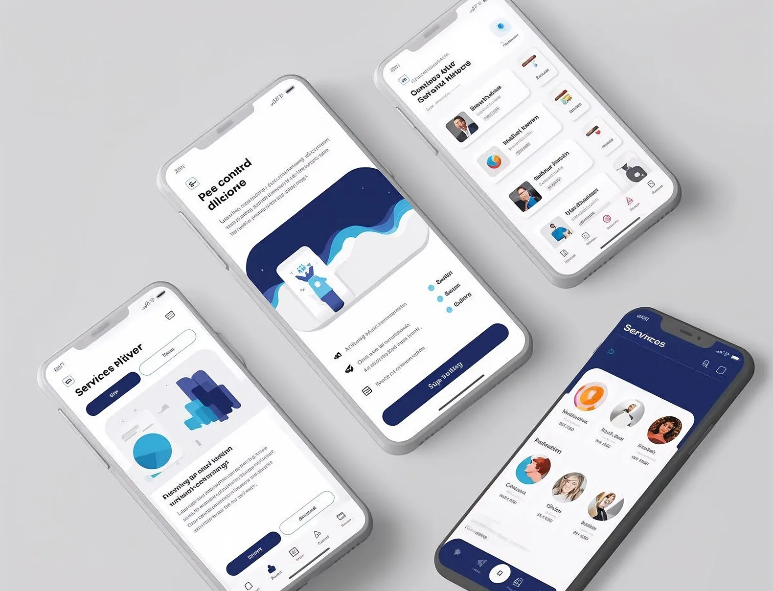 Four smartphones displaying various user interface designs of a service or social app with charts, profiles, and navigation menus on a light background.