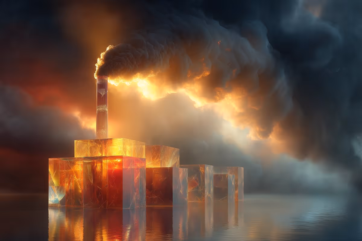 Crystalline factory with smokestack — translucent glass-cube architecture, dark smoke billowing diagonally, atmospheric cloud composition with subtle prismatic light dispersion. Lower-left subject placement on 3:2 canvas.
