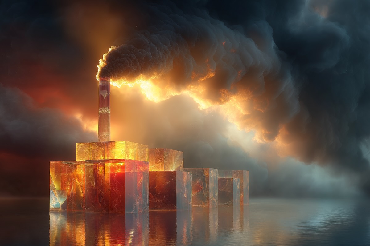 Crystalline factory with smokestack — translucent glass-cube architecture, dark smoke billowing diagonally, atmospheric cloud composition with subtle prismatic light dispersion. Lower-left subject placement on 3:2 canvas.