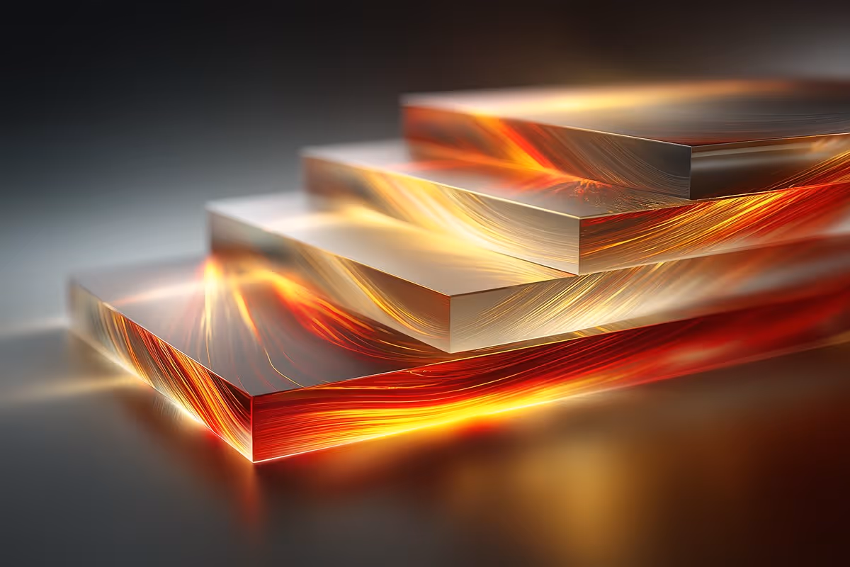 Mid-Century Modernist Geometric lineage rendered in Direction B (modern optical/refractive material)