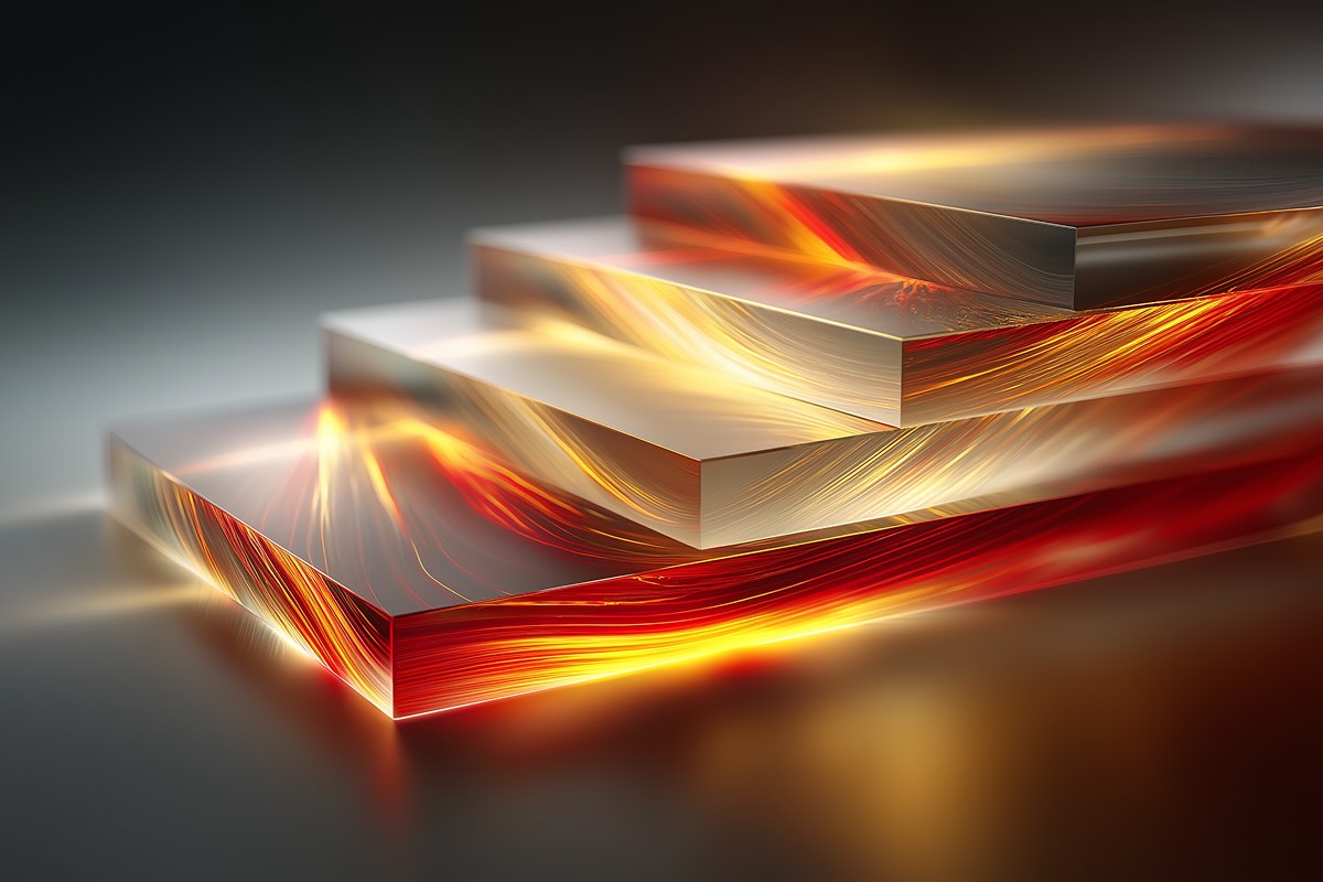 Mid-Century Modernist Geometric lineage rendered in Direction B (modern optical/refractive material)